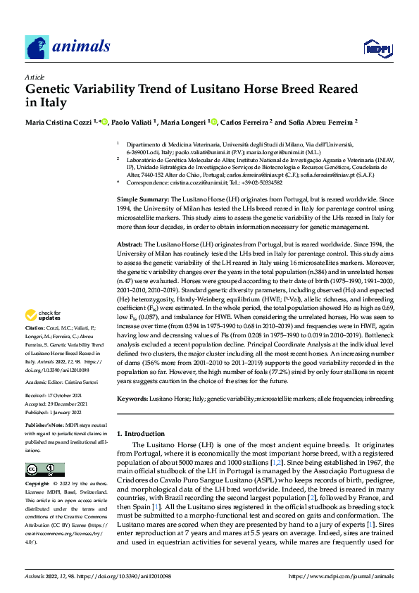 (PDF) Genetic Variability Trend of Lusitano Horse Breed Reared in Italy