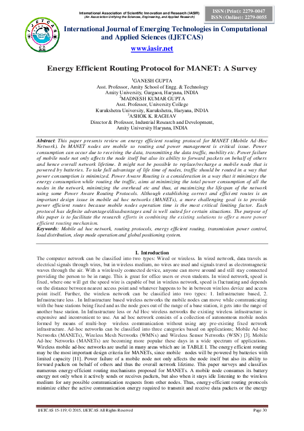 (PDF) Energy Efficient Routing Protocol for MANET: A Survey