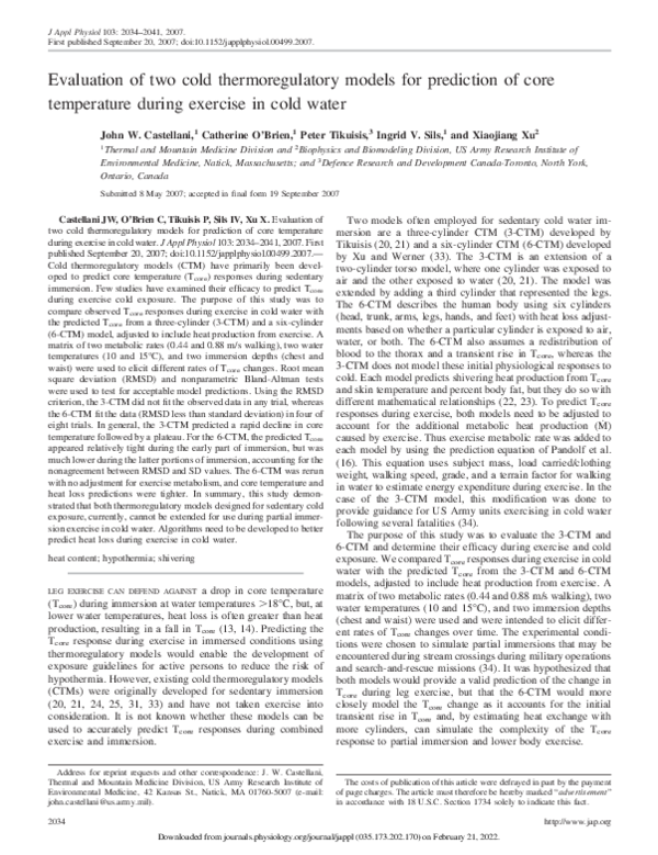 Evaluation of two cold thermoregulatory models for prediction of core temperature during exercise in cold water