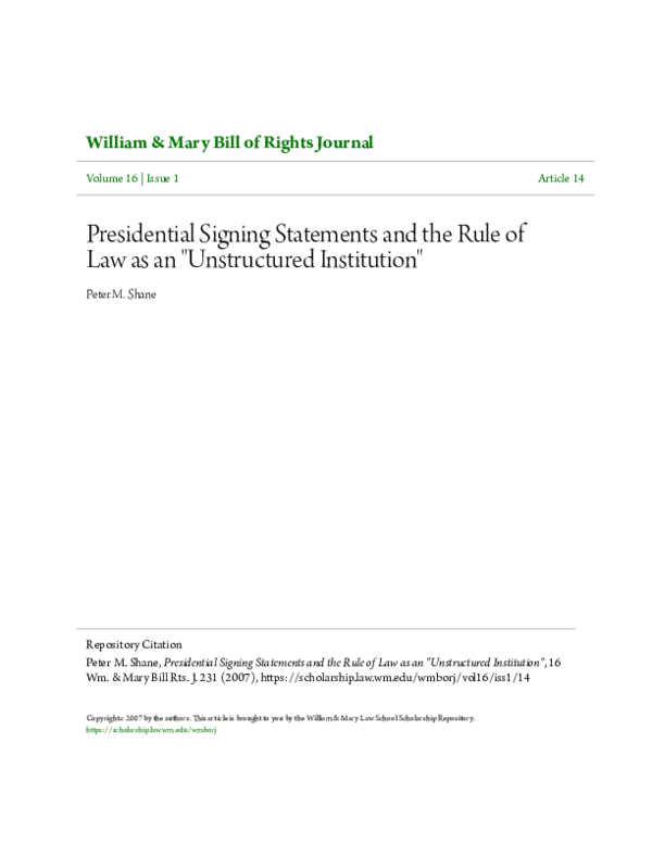 (PDF) Presidential Signing Statements and the Rule of Law as an ...