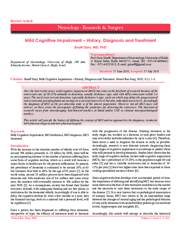 (PDF) Mild Cognitive Impairment – History, Diagnosis and Treatment