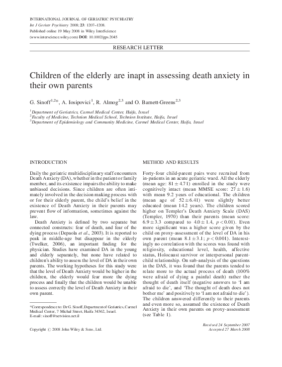 (PDF) Children of the elderly are inapt in assessing death anxiety in ...