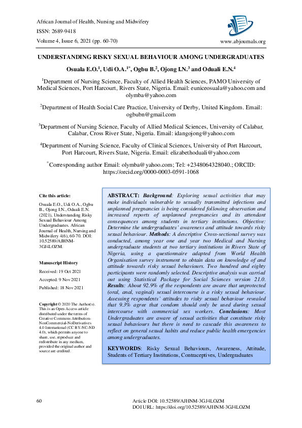(PDF) Understanding Risky Sexual Behaviour Among Undergraduates