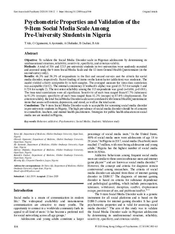 (PDF) Psychometric Properties and Validation of the 9-Item Social Media ...