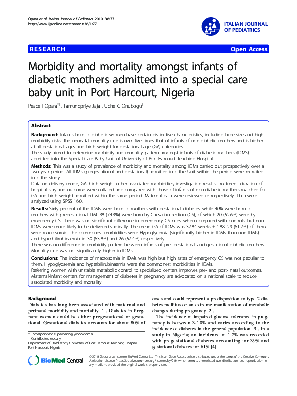 (PDF) Morbidity and mortality amongst infants of diabetic mothers ...
