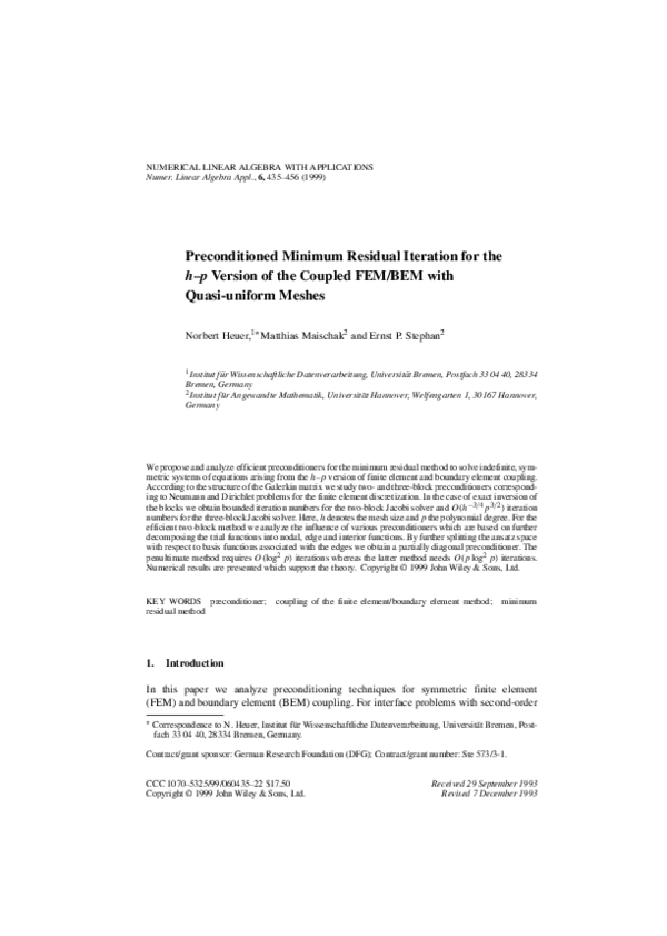 (PDF) Preconditioned minimum residual iteration for theh-p version of ...