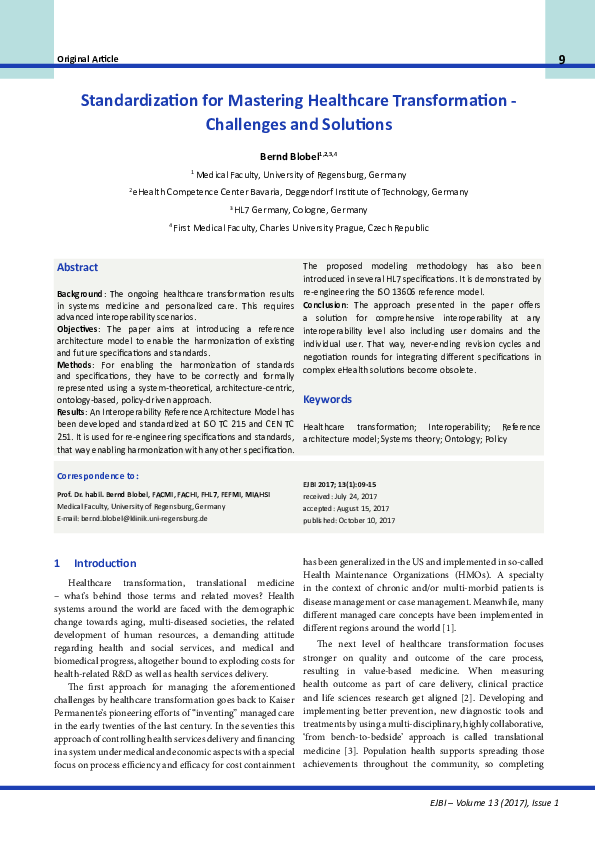 (PDF) Standardization on for Mastering Healthcare Transformation on ...