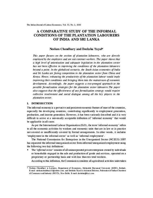 (PDF) A COMPARATIVE STUDY OF THE INFORMAL CONDITIONS OF THE PLANTATION ...