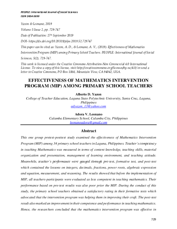 (PDF) Effectiveness of Mathematics Intervention Program (Mip) Among ...