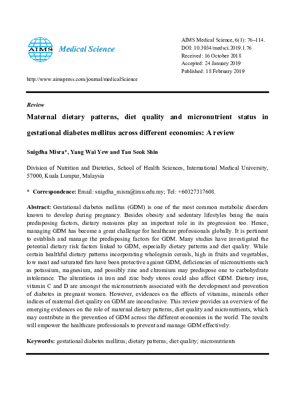 (PDF) Maternal dietary patterns, diet quality and micronutrient status ...
