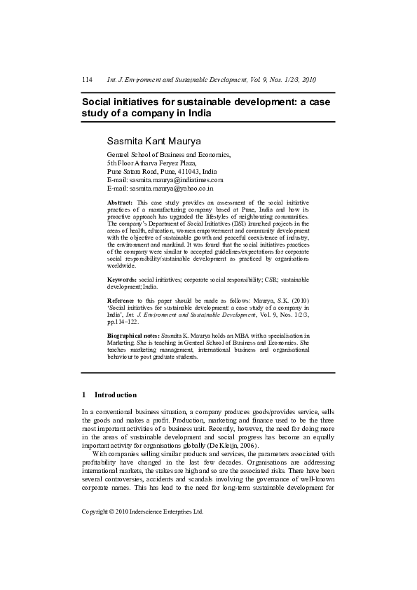 (PDF) Social initiatives for sustainable development: a case study of a ...
