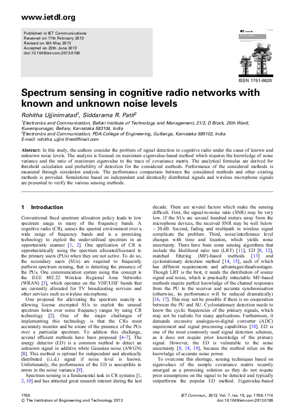 (PDF) Spectrum sensing in cognitive radio networks with known and ...