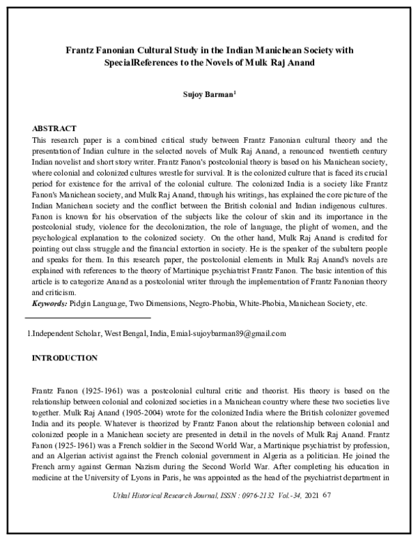 (PDF) Frantz Fanonian Cultural Study in the Indian Manichean Society ...