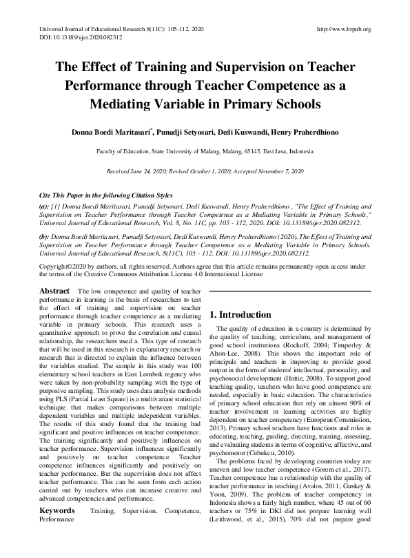 (PDF) The Effect of Training and Supervision on Teacher Performance ...