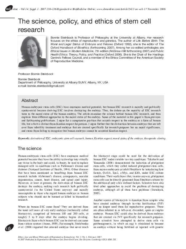 (PDF) The science, policy, and ethics of stem cell research