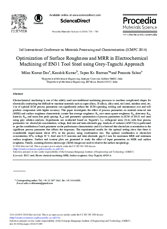 (PDF) Optimization of Surface Roughness and MRR in Electrochemical ...