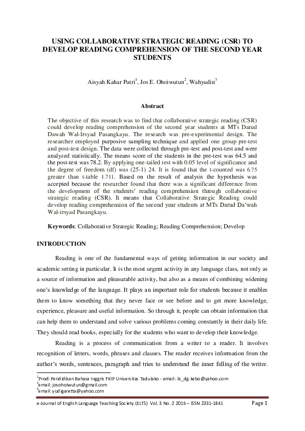 (PDF) Using Collaborative Strategic Reading (CSR) to Develop Reading ...