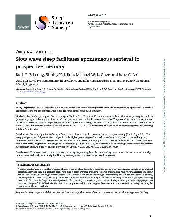 (PDF) Slow wave sleep facilitates spontaneous retrieval in prospective ...
