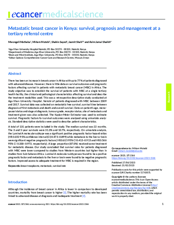 (PDF) Metastatic breast cancer in Kenya: survival, prognosis and ...