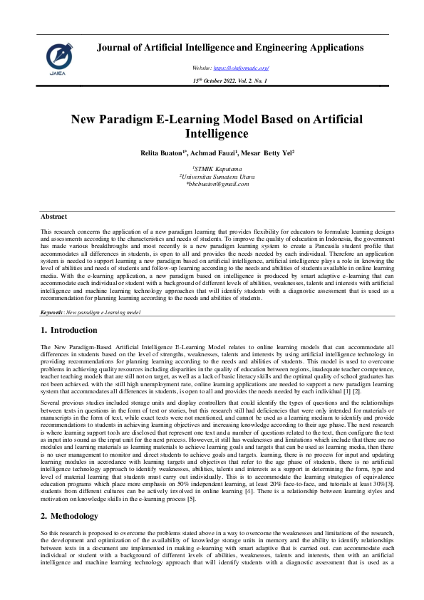 (PDF) New Paradigm E-Learning Model Based on Artificial Intelligence