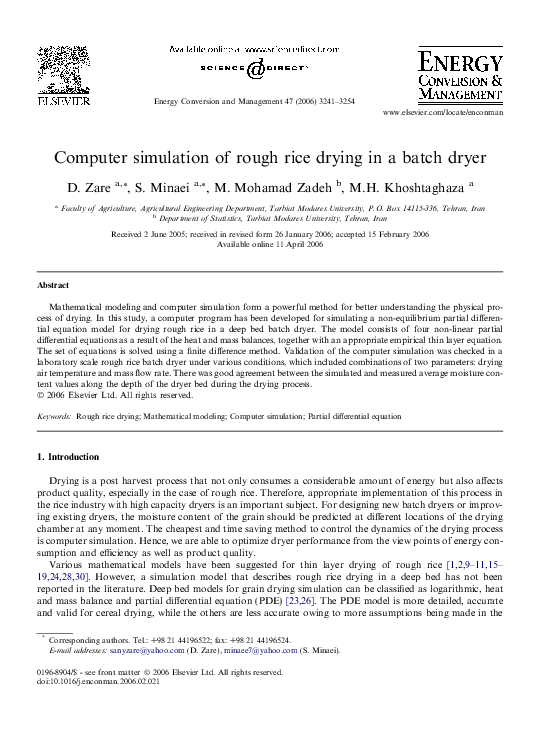 (PDF) Computer simulation of rough rice drying in a batch dryer