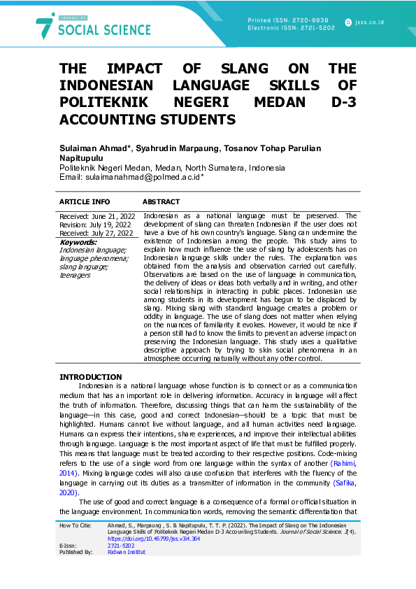 (PDF) The Impact of Slang on The Indonesian Language Skills of ...