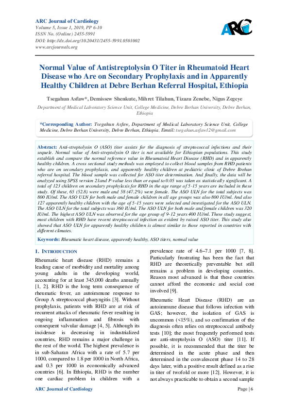 (PDF) Normal Value of Antistreptolysin O Titer in Rheumatoid Heart ...