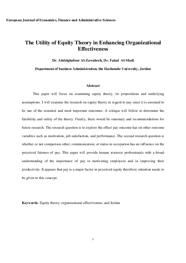 (PDF) The Utility of Equity Theory in Enhancing Organizational ...