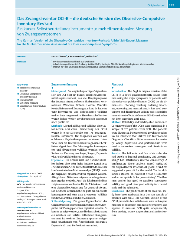 (PDF) Das zwangsinventar OCI-R - die Deutsche Version des Obsessive ...