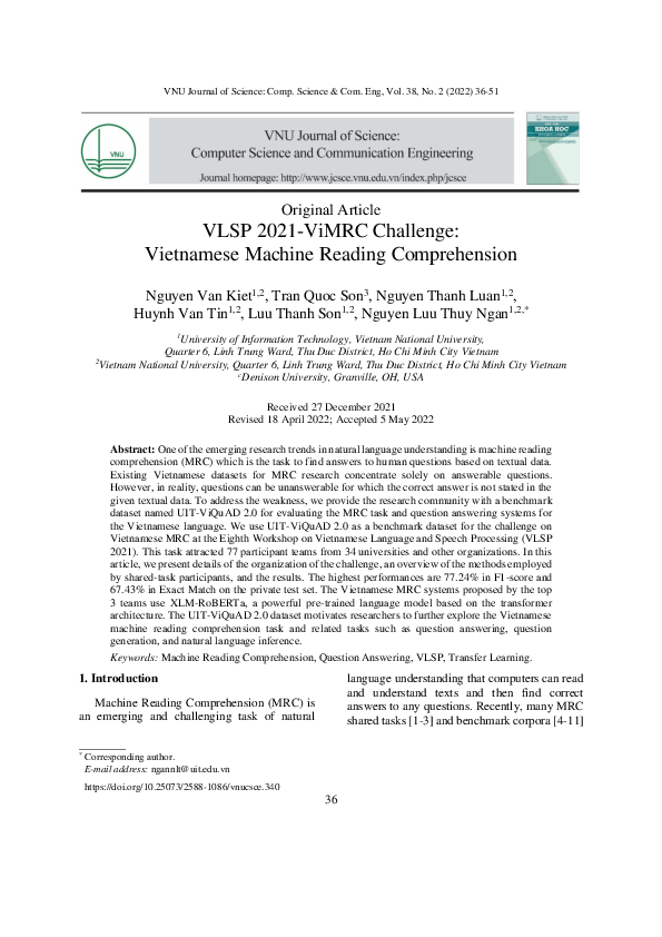 (PDF) VLSP 2021-ViMRC Challenge: Vietnamese Machine Reading Comprehension