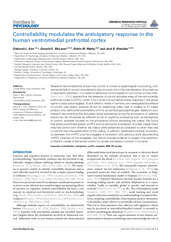 (PDF) Controllability Modulates the Anticipatory Response in the Human ...