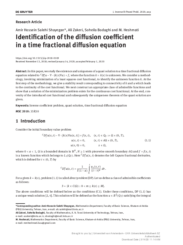 (PDF) Identification of the diffusion coefficient in a time fractional ...