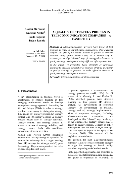 (PDF) A Quality of Strategy Process in Telecommunication Companies--A ...