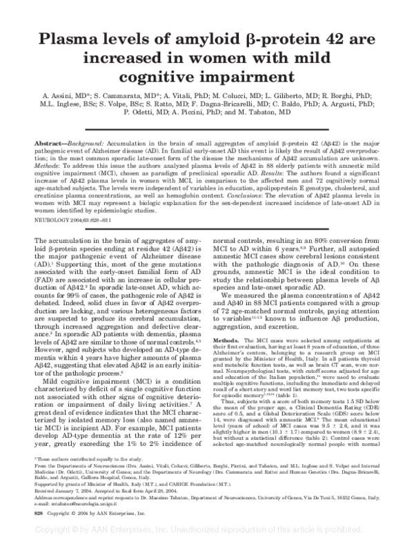 (PDF) Plasma levels of amyloid -protein 42 are increased in women with ...