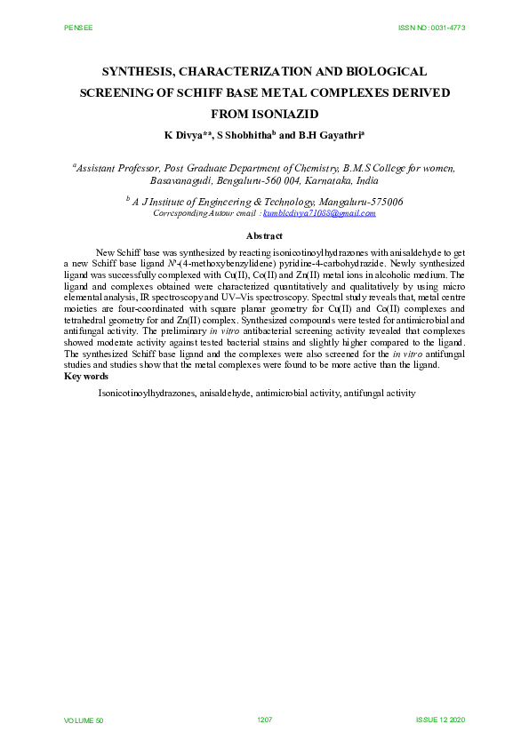 (PDF) SYNTHESIS, CHARACTERIZATION AND BIOLOGICAL SCREENING OF SCHIFF ...