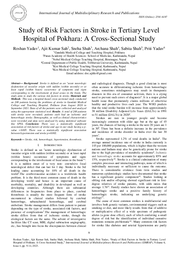 (PDF) Study of Risk Factors in Stroke in Tertiary Level Hospital of ...