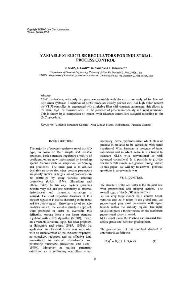 (PDF) Variable structure regulators for industrial process control