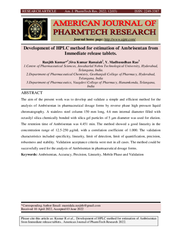 (PDF) Development of HPLC method for estimation of Ambrisentan from ...