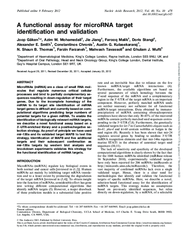 (PDF) A functional assay for microRNA target identification and validation
