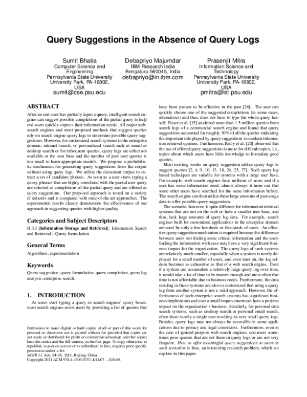 (PDF) Query suggestions in the absence of query logs