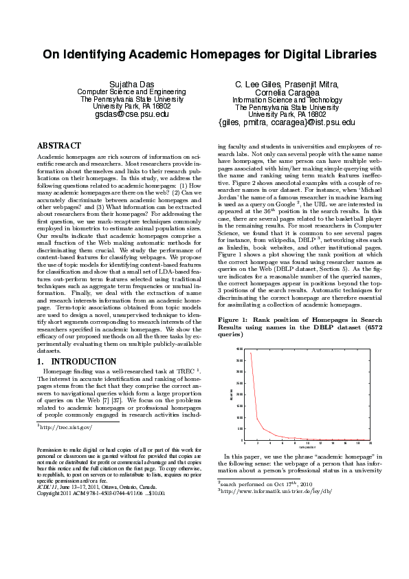 (PDF) On identifying academic homepages for digital libraries