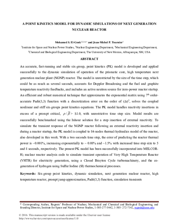 (PDF) A point kinetics model for dynamic simulations of next generation ...