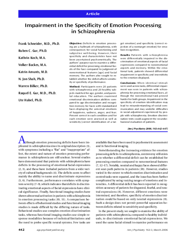 (PDF) Impairment in the Specificity of Emotion Processing in Schizophrenia