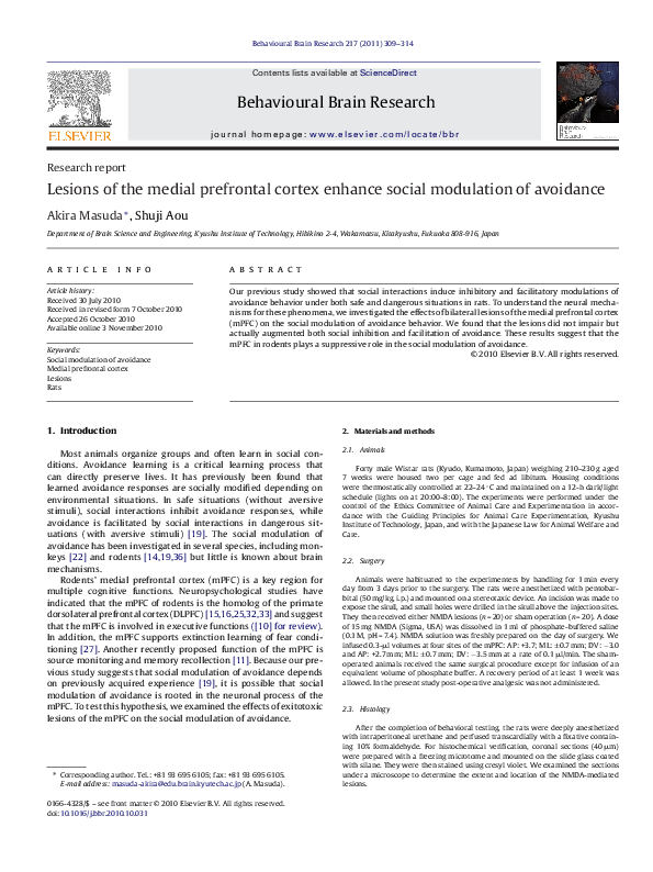 (PDF) Lesions of the medial prefrontal cortex enhance social modulation ...