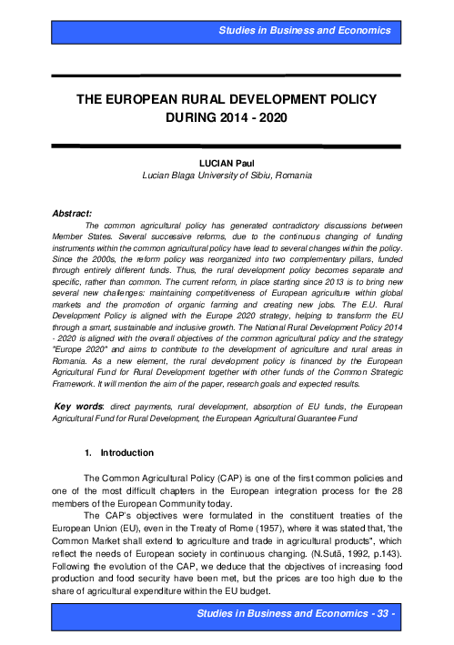 (PDF) The European Rural Development Policy During 2014 - 2020