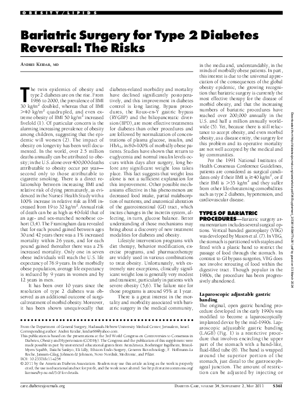 (PDF) Bariatric Surgery for Type 2 Diabetes Reversal: The Risks