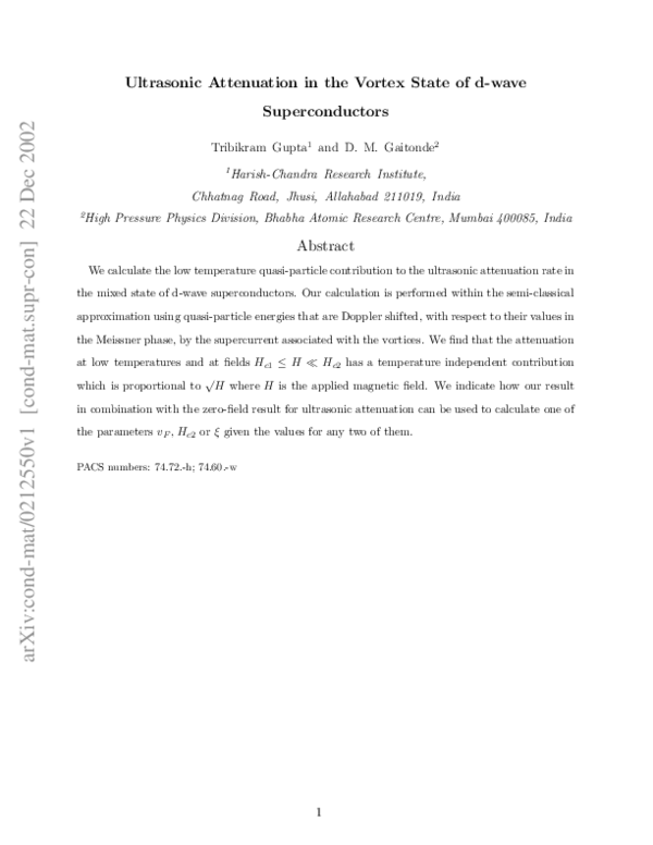 (PDF) Ultrasonic attenuation in the vortex state of d-wave ...