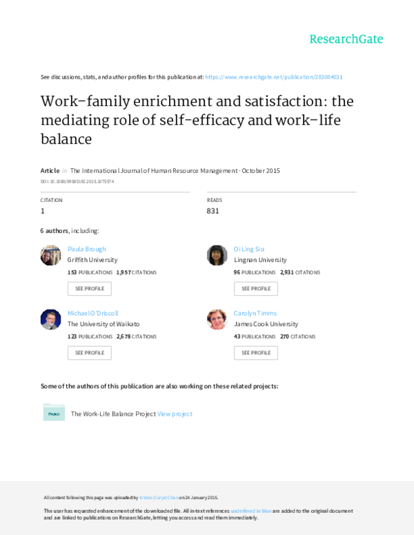 (PDF) Work–family enrichment and satisfaction: the mediating role of ...