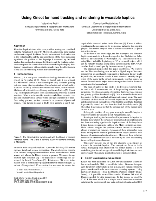 (PDF) Using Kinect for hand tracking and rendering in wearable haptics
