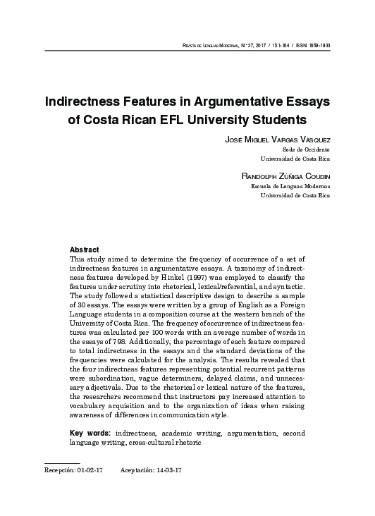 (PDF) Indirectness Features in Argumentative Essays of Costa Rican EFL ...